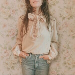 byTIMO Coquette Polka Dot Lace Ruffle Tie Neck Blouse